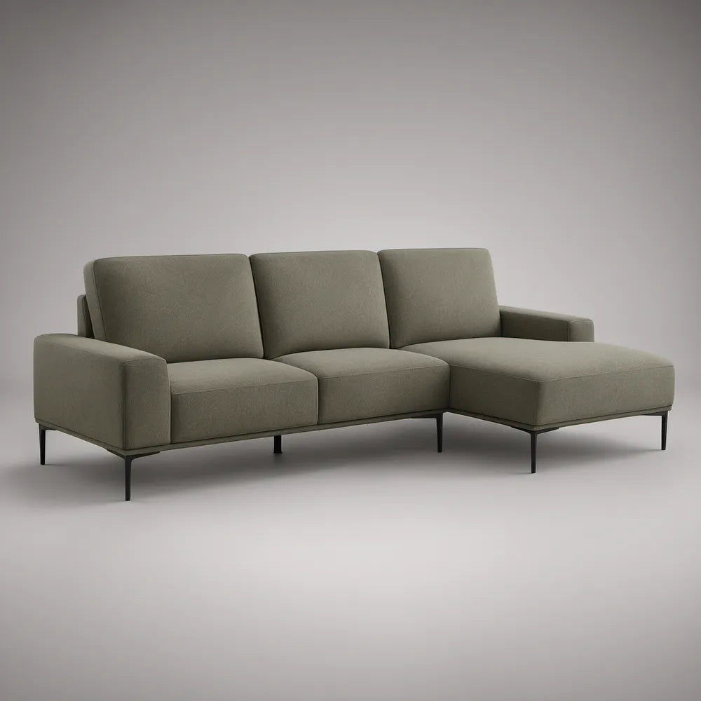 Sofá com Chaise Longue à Direita em Poliéster Verde-Acinzentado, 250 x 160 x 84 cm
