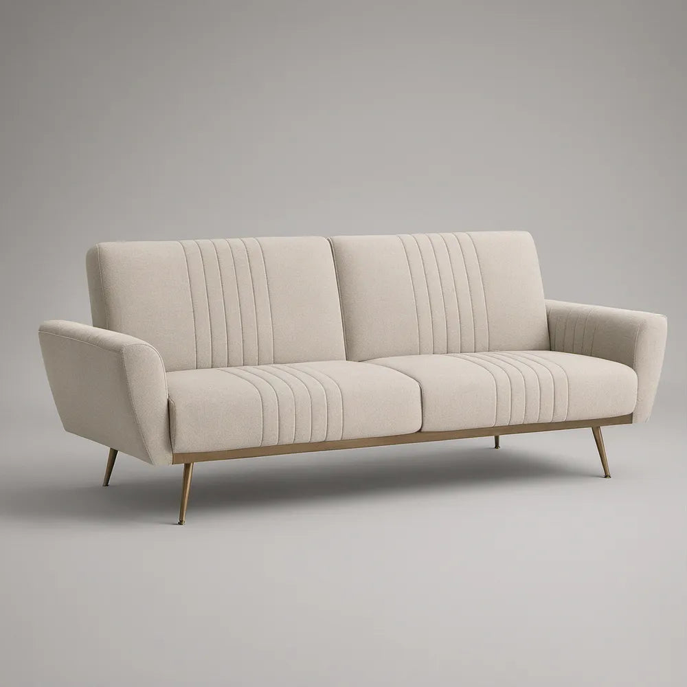 Sofá Reto de 3 Lugares em Poliéster Bege e Dourado 210 x 88 x 85 cm