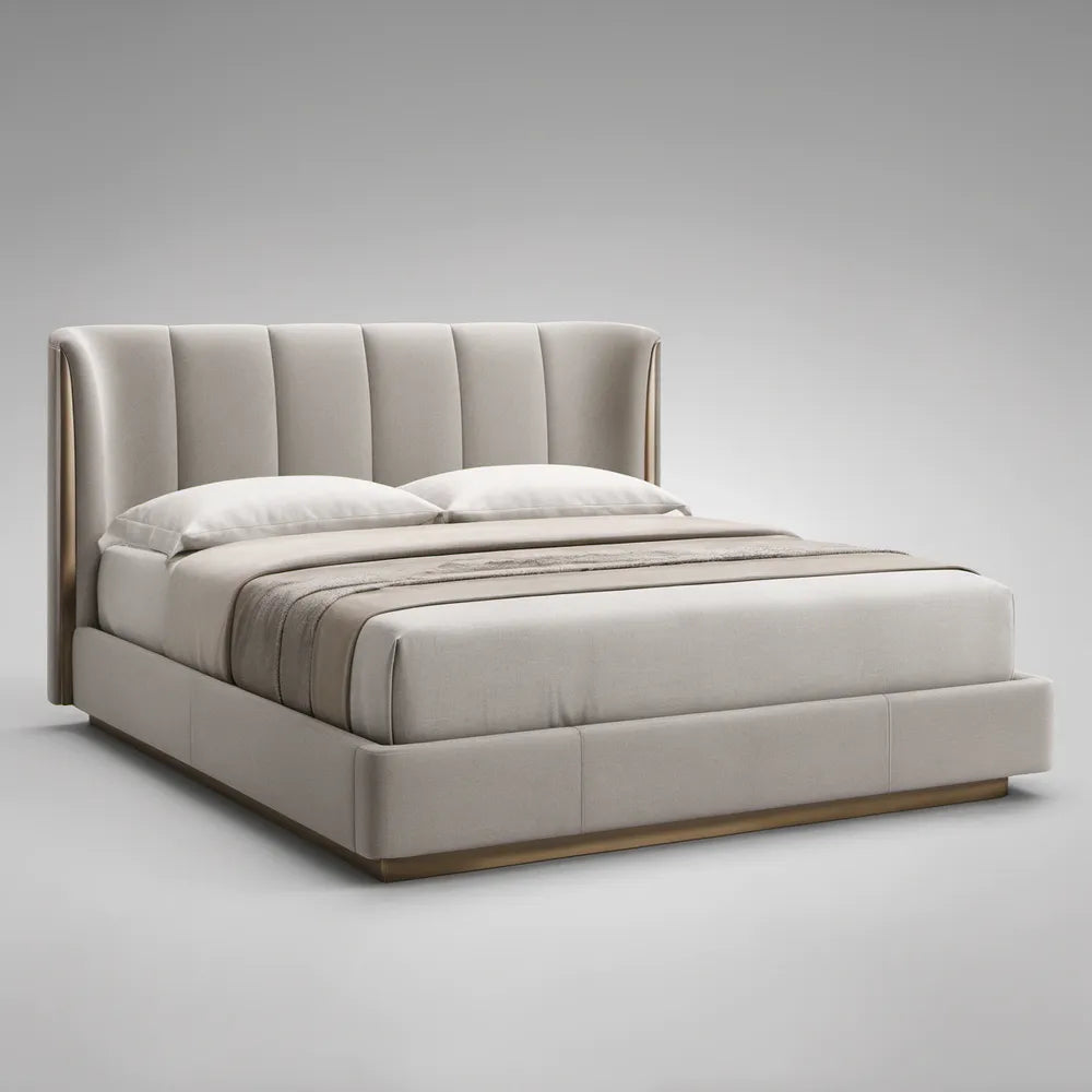 Cama Estofada com Arrumação em Poliéster Bege e Dourado 180 x 215 x 115 cm para Colchão 160 x 200 cm