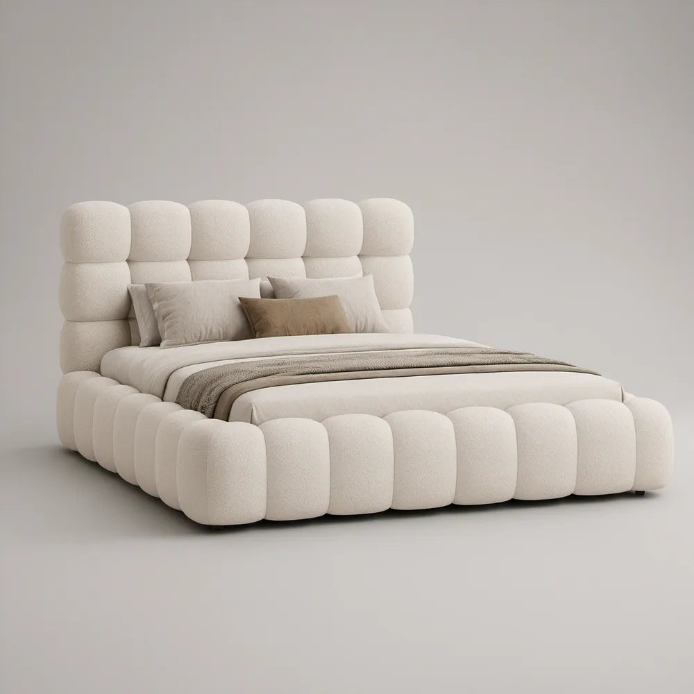 Cama Estofada em Bouclé Bege Claro 160 x 200 cm com Arrumação e Cabeceira Acolchoada