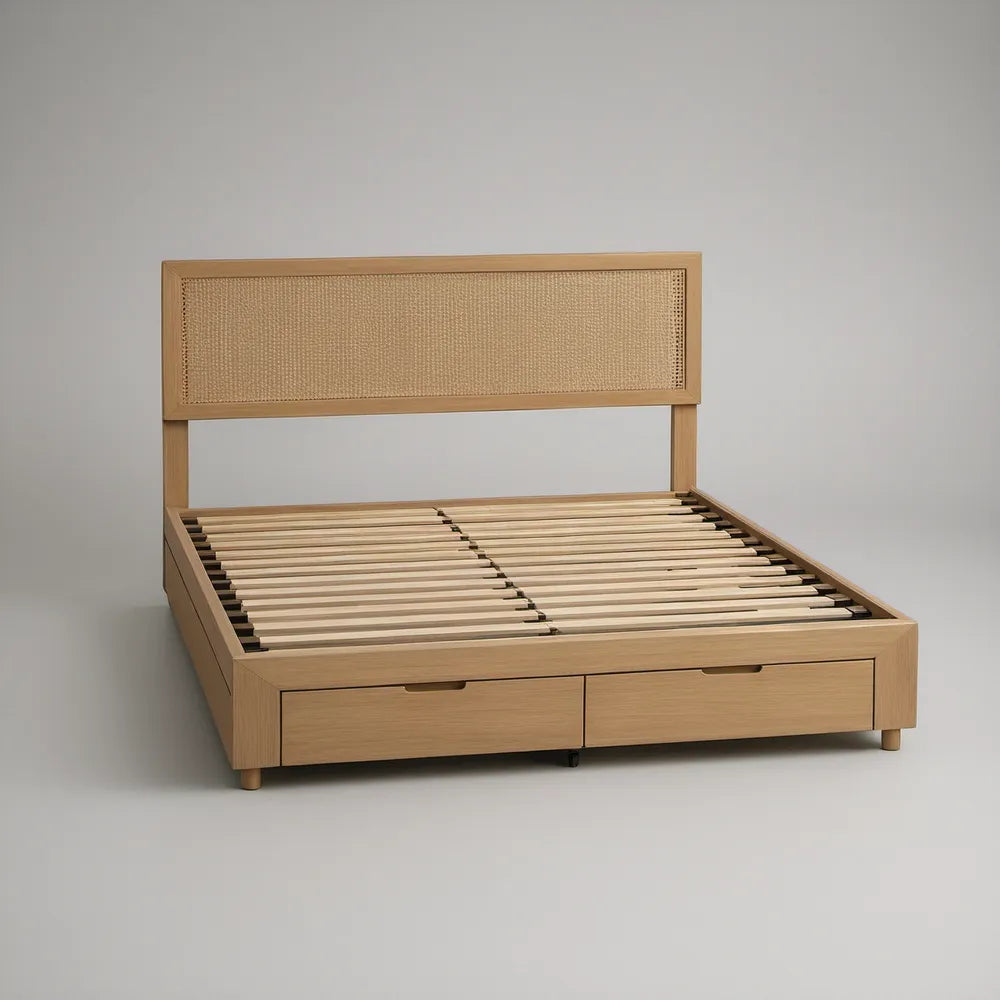 Cama de Casal com 2 Gavetas, Cabeceira em Vime e Estrado 160 x 200 cm em Pinho Natural