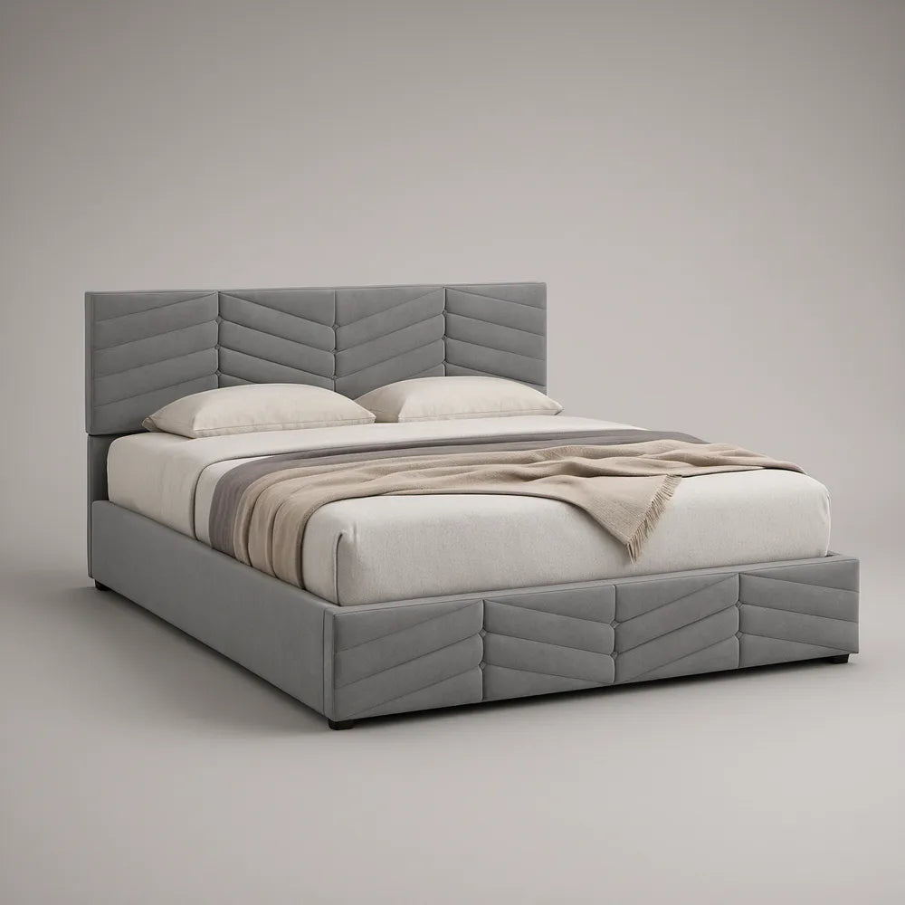 Cama de Casal Estofada com Arrumação e Cabeceira Acolchoada, 160 x 200 cm, Cinzento