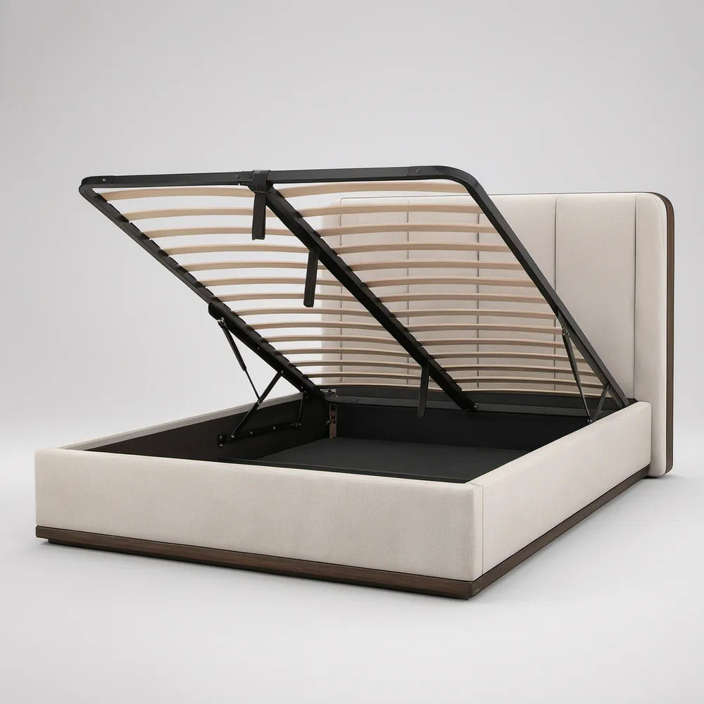 Cama de Casal com Arrumação Elevatória 160 x 200 cm em Poliéster Bege e Castanho Escuro