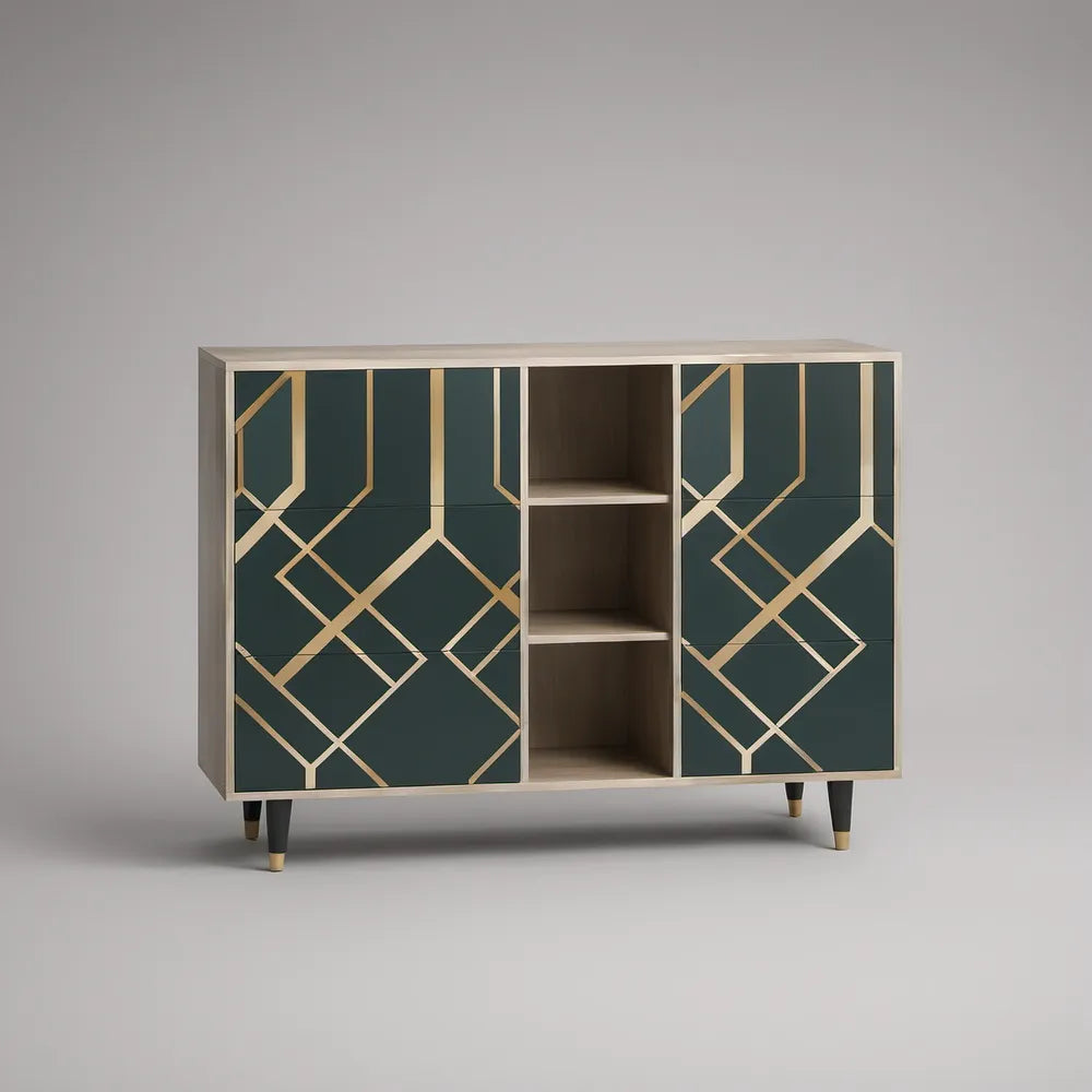 Aparador Retangular com 4 Portas e 3 Nichos em MDF Verde Escuro, Dourado, Bege e Preto, 160 x 40 x 110 cm