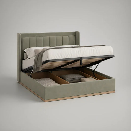 Cama de Casal com Arrumação Elevatória e Cabeceira Estofada 160 x 200 cm Verde-sálvia