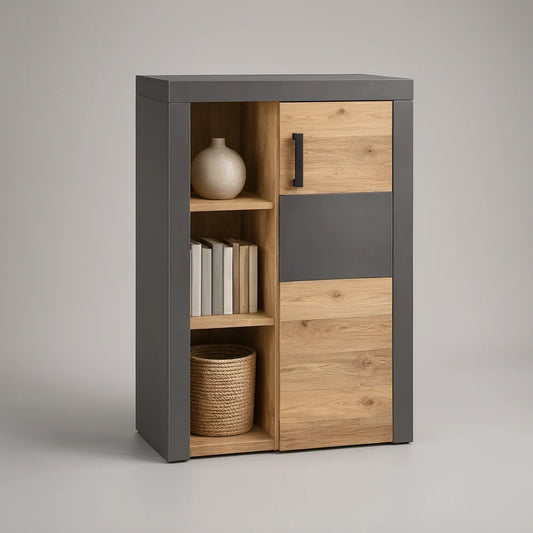 Aparador Alto em MDF com Revestimento Melamínico Carvalho Natural e Antracite, 90 x 40 x 150 cm