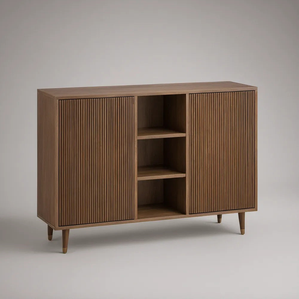 Aparador Retangular em MDF Castanho Nogueira com 2 Portas Caneladas, 120 x 40 x 90 cm