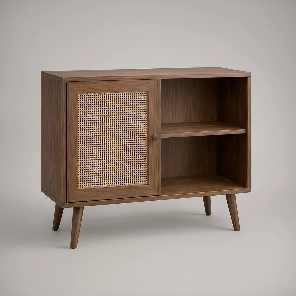 Aparador em MDF Nogueira com Porta em Rotim Natural, 80 x 40 x 80 cm