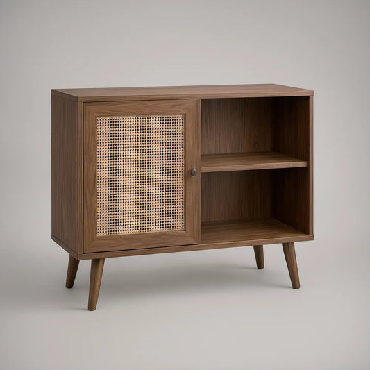 Aparador em MDF Nogueira com Porta em Rotim Natural, 80 x 40 x 80 cm