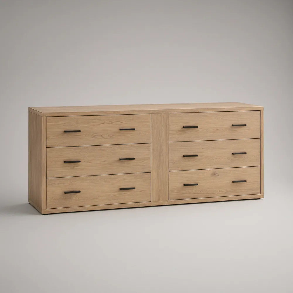 Aparador Retangular com 6 Gavetas em Carvalho Natural e Preto, 160 x 45 x 80 cm