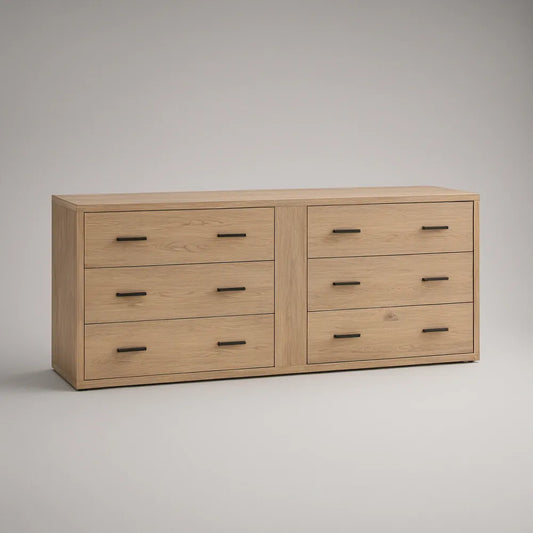 Aparador Retangular com 6 Gavetas em Carvalho Natural e Preto, 160 x 45 x 80 cm