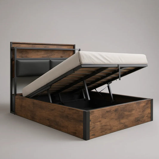 Cama de Casal com Arrumação Elevatória 160 x 200 cm em Castanho Nogueira, Preto e Branco