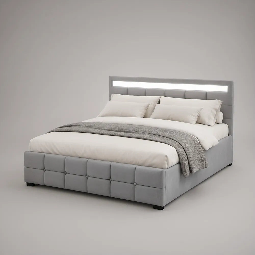 Cama estofada com arrumação, cabeceira acolchoada, cinzento, 160 x 200 cm