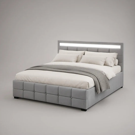 Cama estofada com arrumação, cabeceira acolchoada, cinzento, 160 x 200 cm