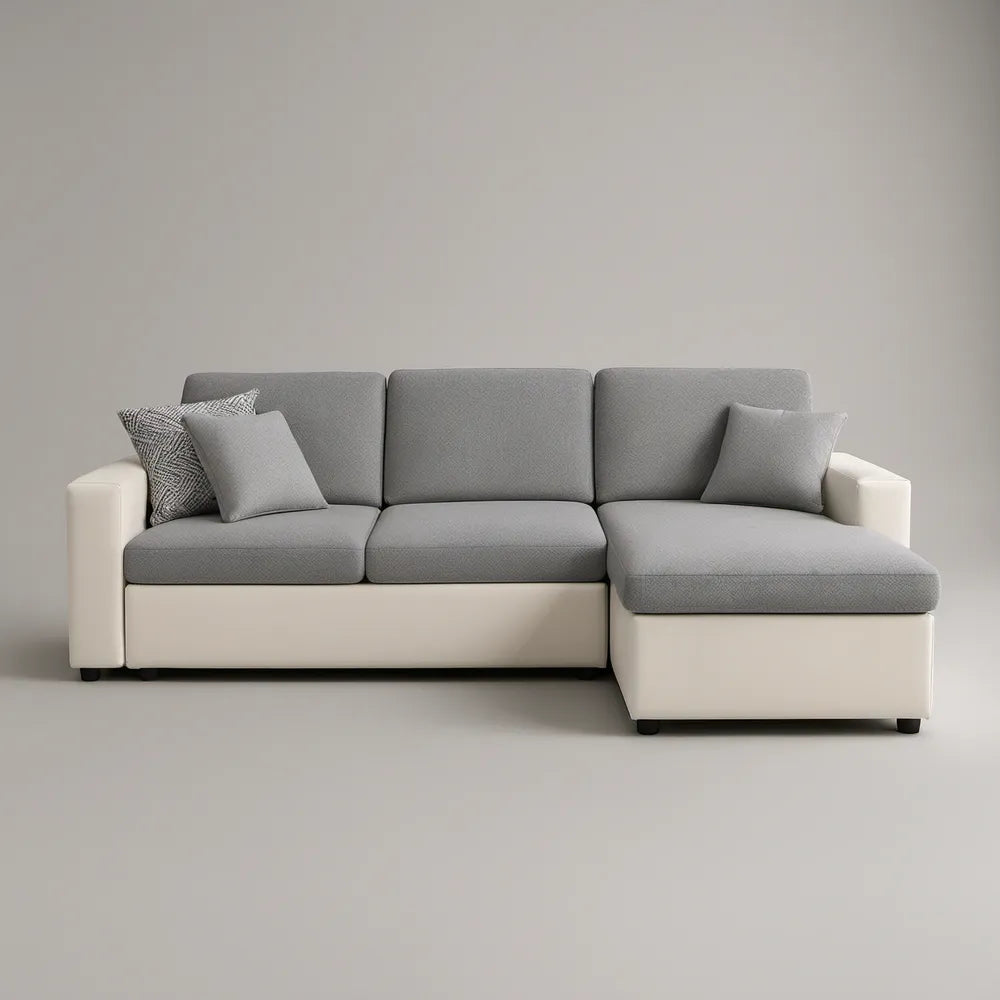 Sofá de Canto em L de 3 Lugares com Chaise Longue à Direita, Cinzento e Bege, 250 x 160 x 85 cm