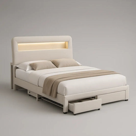 Cama de Casal 160 x 200 cm em Pele Sintética PU Bege Claro com 2 Gavetas e Cabeceira LED