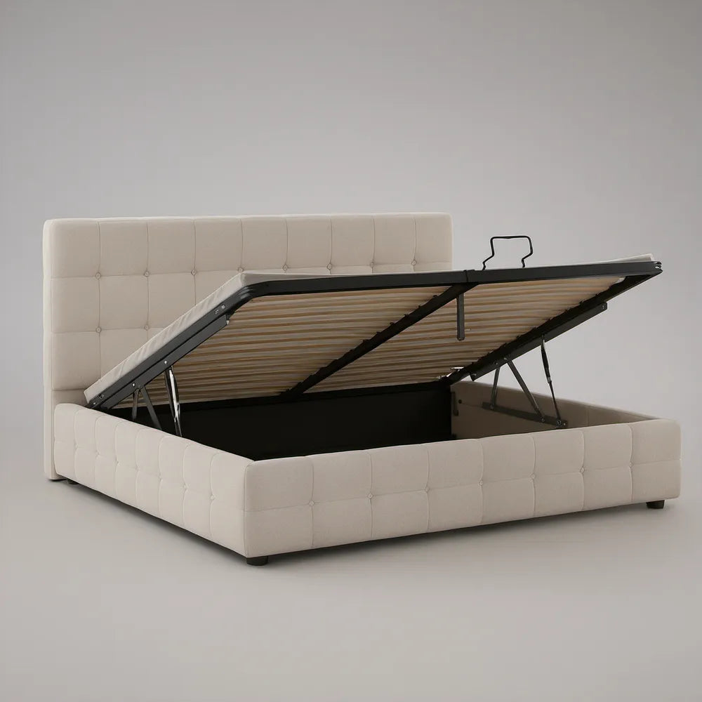 Cama Elevatória com Arrumação em Pele Sintética PU Bege 160 x 200 cm