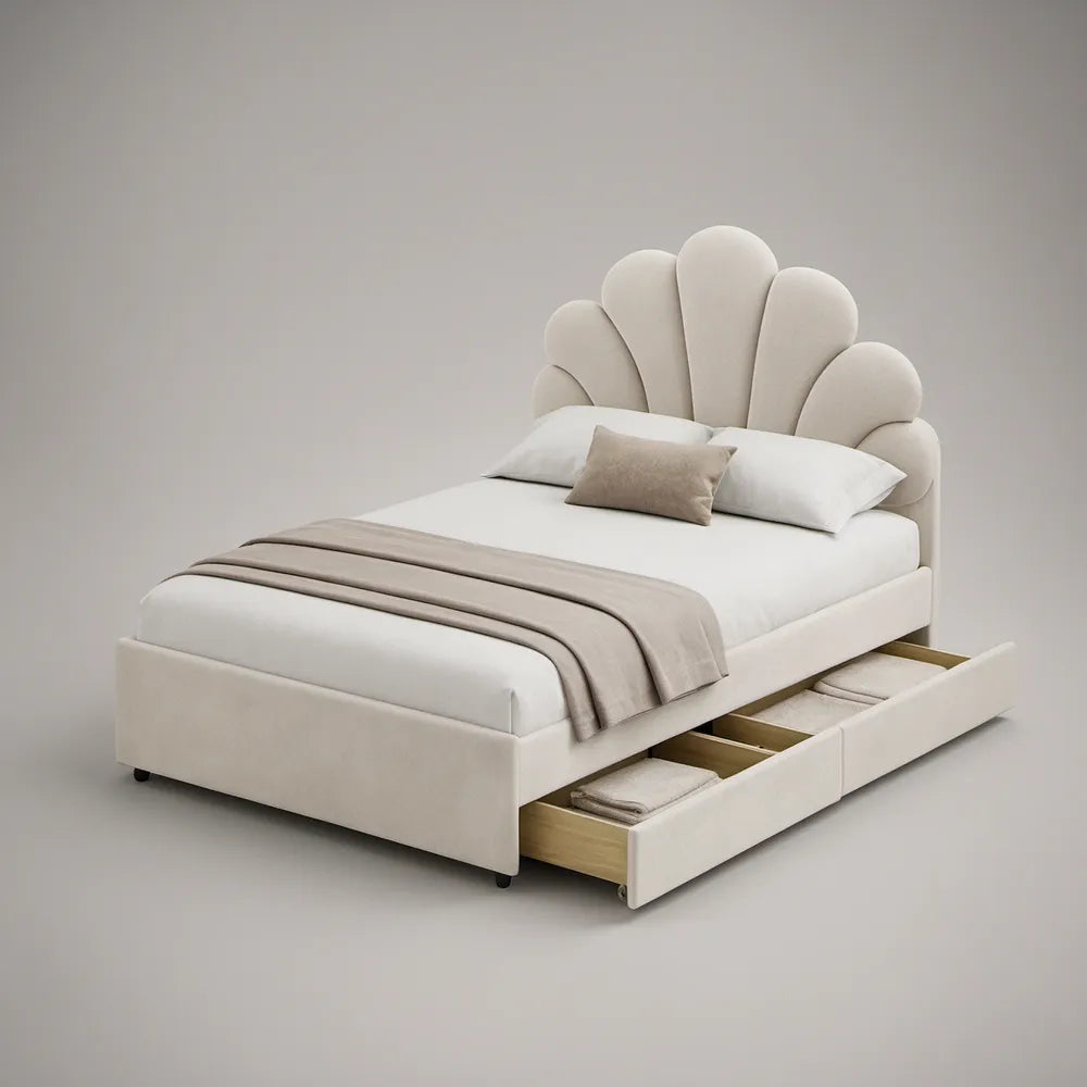 Cama de Casal 160 x 200 cm com Cabeceira em Leque e Gavetão Lateral, Creme