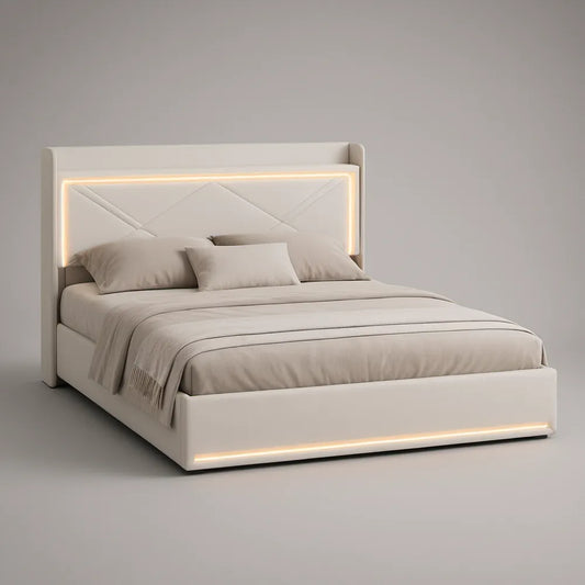 Cama de Casal Branca em Pele Sintética PU com Arrumação e Iluminação LED, 160 x 200 cm