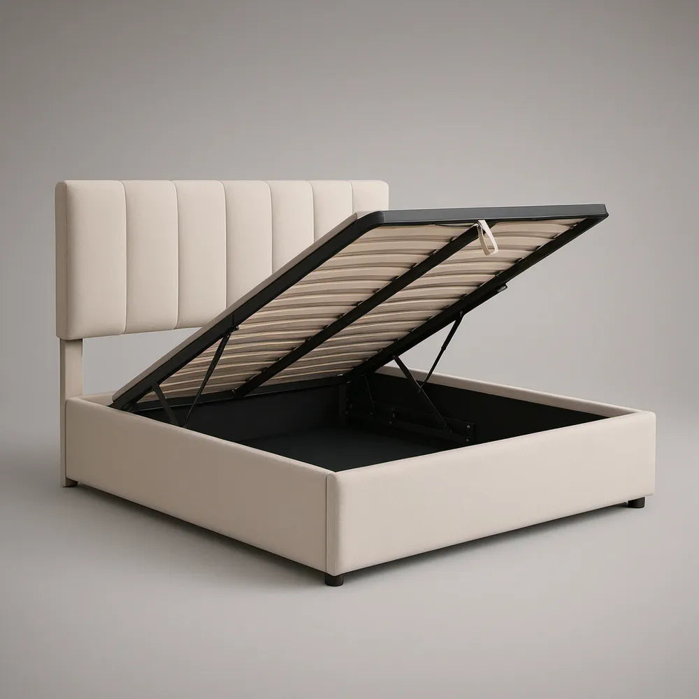 Cama de Casal Estofada com Arrumação e Cabeceira 160 x 200 cm em Pele Sintética Bege Creme