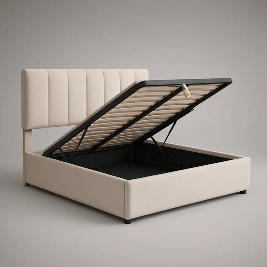 Cama de Casal Estofada com Arrumação e Cabeceira 160 x 200 cm em Pele Sintética Bege Creme