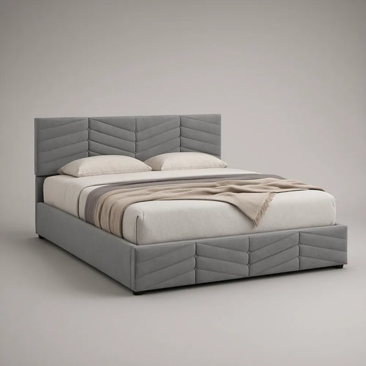 Cama de Casal Estofada com Arrumação e Cabeceira Acolchoada, 160 x 200 cm, Cinzento